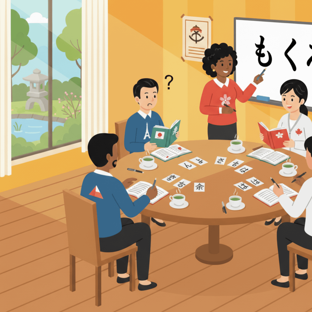 5人の多国籍の外国人在留者たちがテーブルを囲んで日本語学習をしている